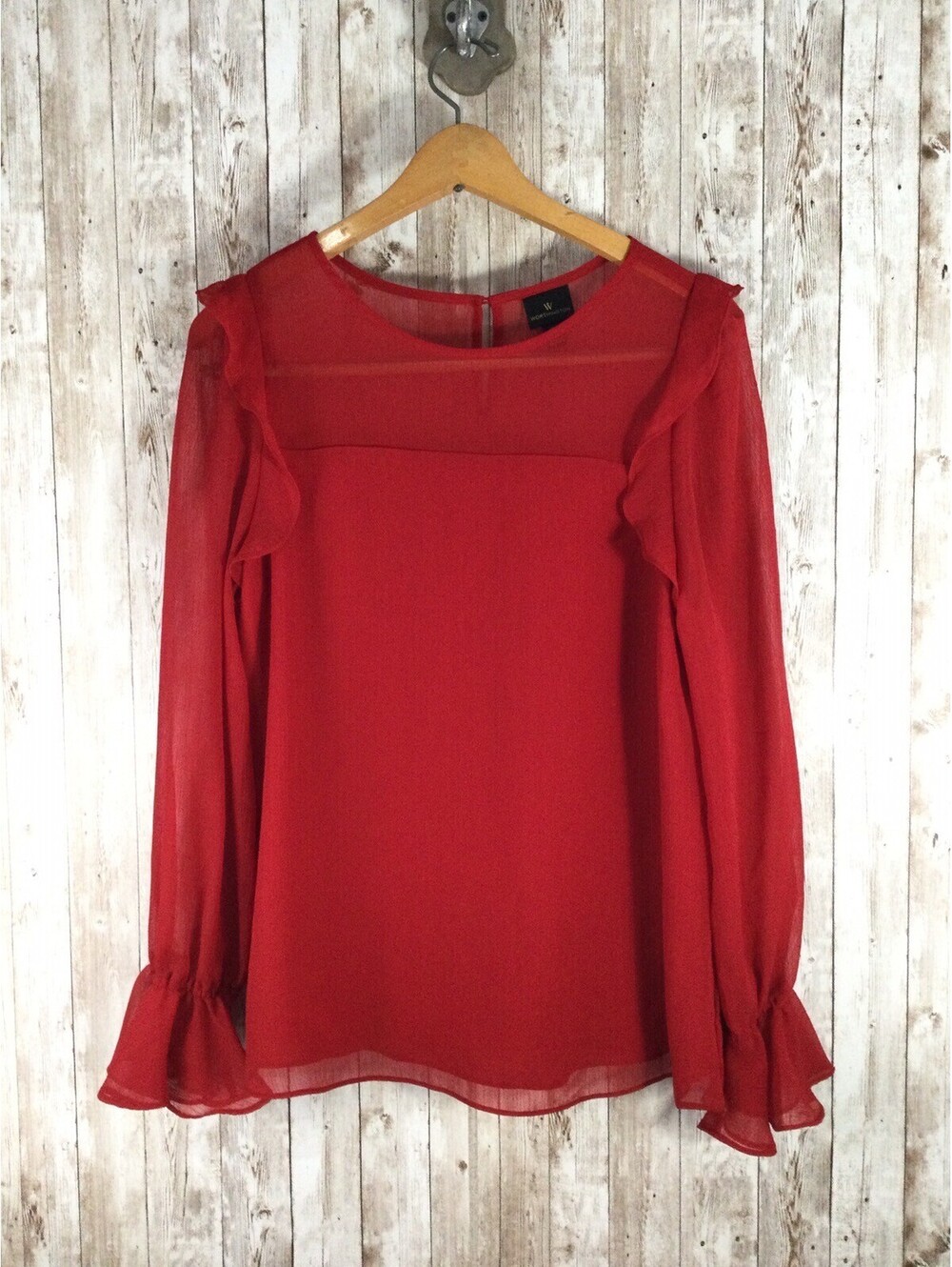 Worthington Red beautiful Sheer Sleeves Lined Blouse Women's Medium NICE